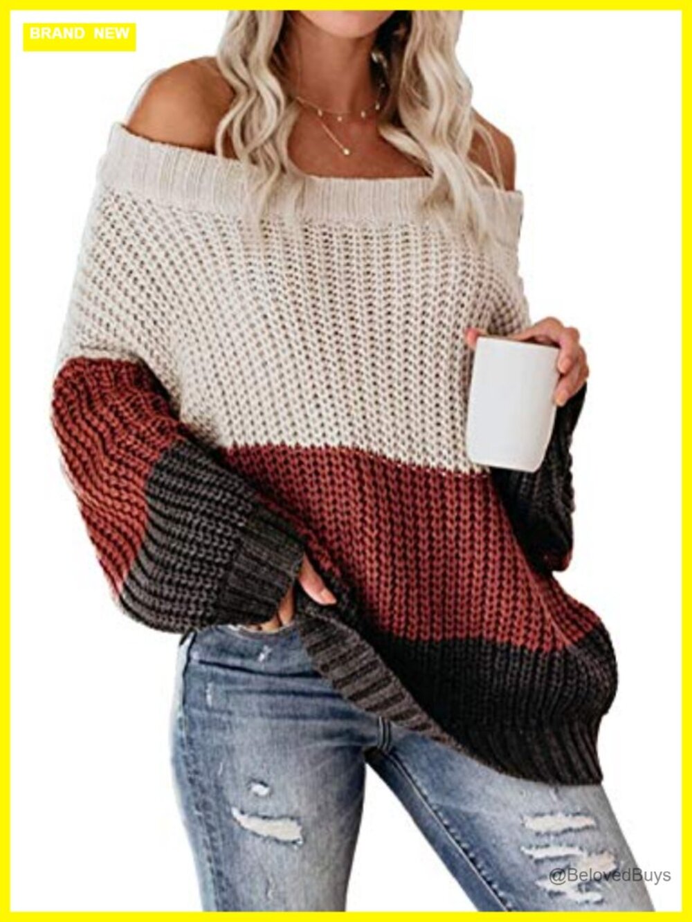 Off Shoulder Color Block Chunky Knit Oversized Pullover Sweater